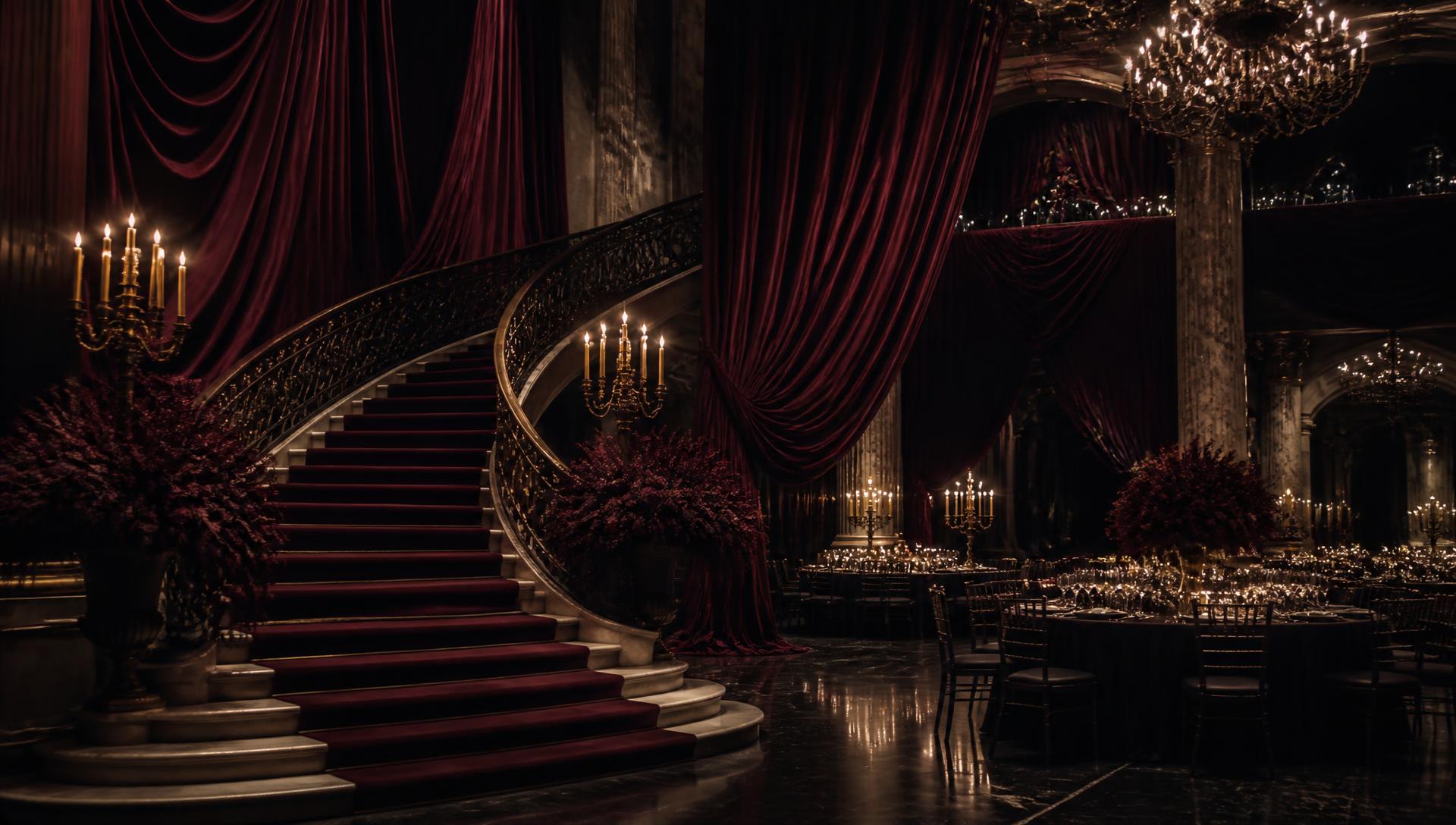 Candlelit burgundy ballroom prepared for the Roscommon House Met Gala